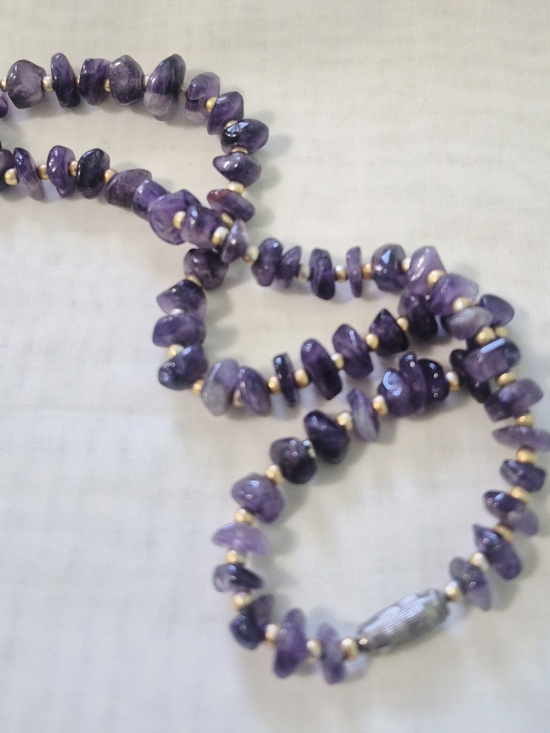 Amethyst Chips Jewelry - Amethyst Chip Necklace with Gold Bead Accents - Purple